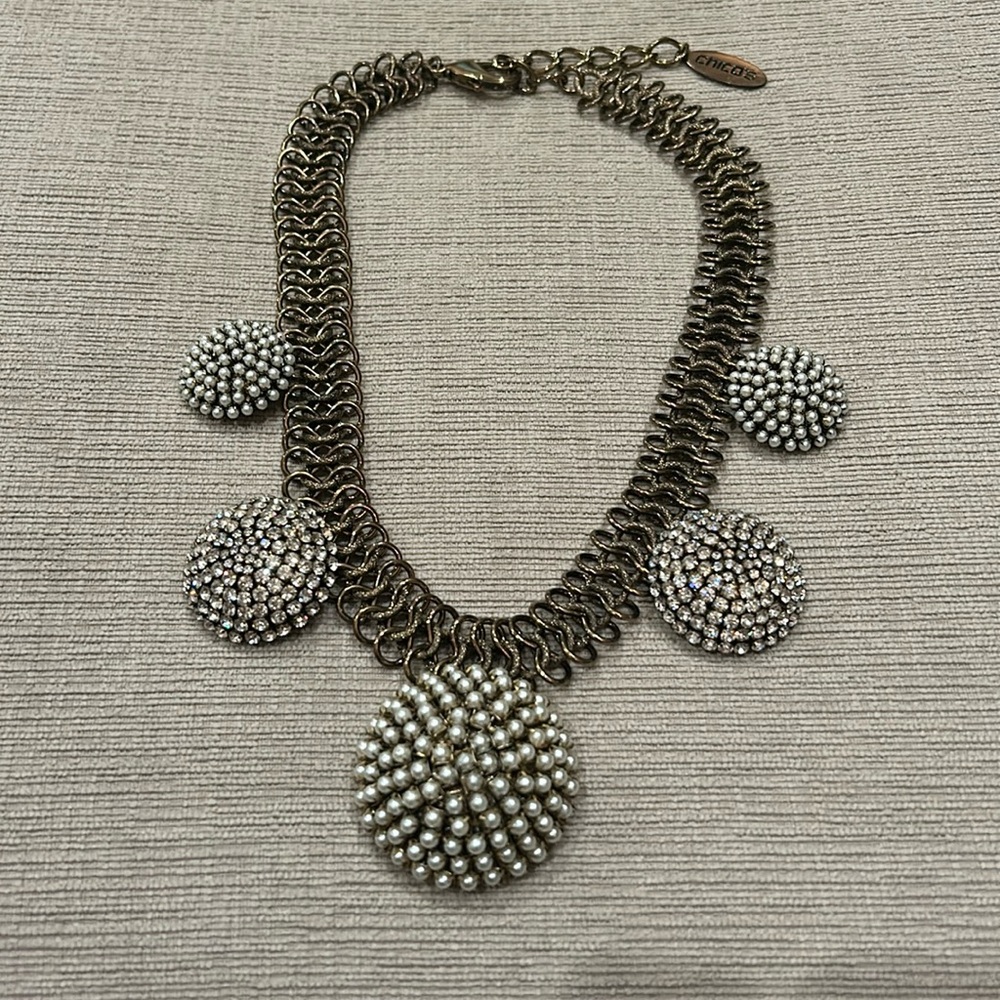 NWOT Chico’s statement faux pearl and Crystals necklace. No stones missing.